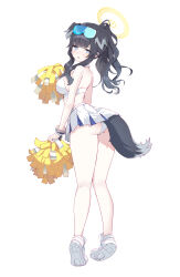 Rule 34 | 1girl, absurdres, animal ears, ash (cat7evy), ass, bare shoulders, black hair, blue archive, blush, breasts, cheerleader, crop top, eyewear on head, full body, hibiki (blue archive), hibiki (cheer squad) (blue archive), highres, holding, holding pom poms, long hair, looking at viewer, medium breasts, millennium cheerleader outfit (blue archive), panties, pom pom (cheerleading), pom poms, shoes, simple background, skirt, sneakers, solo, sunglasses, tail, thighs, underwear, white background, white panties, wristband