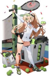 Rule 34 | 1girl, ;d, arm up, armpits, asymmetrical legwear, azur lane, bache (azur lane), bache (showy sports star) (azur lane), ball, bare shoulders, black choker, blonde hair, breasts, choker, cleavage, detached sleeves, green-tinted eyewear, green-tinted glasses, highres, long hair, looking at viewer, mismatched legwear, official alternate costume, official art, one eye closed, open mouth, polo shirt, purple eyes, racket, single thighhigh, skindentation, smile, solo, sportswear, sunglasses, tennis, tennis ball, tennis racket, tennis uniform, thigh strap, thighhighs, tinted eyewear, transparent background, twintails, uneven legwear, very long hair, visor, visor cap, waterkuma, white thighhighs