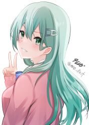 Rule 34 | 1girl, 9610 (kuroto), alternate costume, aqua eyes, aqua hair, blush, breasts, cardigan, hair ornament, hairclip, highres, kantai collection, large breasts, long hair, looking at viewer, looking back, official alternate costume, pink cardigan, simple background, smile, solo, suzuya (kancolle), v, white background