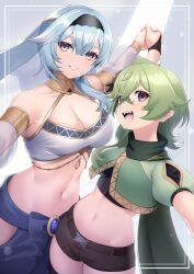 Rule 34 | 2girls, absurdres, bare shoulders, black hairband, black shorts, blue hair, breasts, brown eyes, cleavage, collei (genshin impact), commentary request, cowboy shot, crop top, detached sleeves, eula (genshin impact), genshin impact, green hair, green shirt, grin, hairband, highres, jewelry, kirima (user danf8787), large breasts, long hair, long sleeves, looking at viewer, midriff, multiple girls, navel, neck ring, puffy short sleeves, puffy sleeves, purple eyes, shirt, short shorts, short sleeves, shorts, smile, standing, stomach, veil