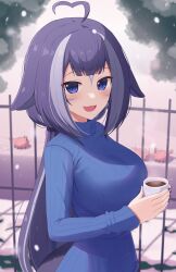 Rule 34 | 1girl, ahoge, black hair, black nails, blue shirt, blush, bokuboyarts, cetacean tail, coffee cup, cup, disposable cup, facial mark, fins, fish tail, heart, heart ahoge, highres, holding, holding cup, indie virtual youtuber, looking at viewer, low ponytail, multicolored hair, nail polish, open mouth, orca girl, purple eyes, shirt, shylily, smile, solo, streaked hair, tail, virtual youtuber, white hair