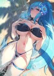 Rule 34 | 1girl, absurdres, beach, bikini, black bikini, blue eyes, blue hair, breasts, choker, cleavage, commission, covered erect nipples, flower, gluteal fold, hair flower, hair ornament, hand on own chest, highleg, highleg bikini, highres, in water, jewelry, large breasts, looking at viewer, lying, navel, necklace, on back, original, ponytail, skindentation, solar (happymonk), solo, strapless, strapless bikini, swimsuit, thick thighs, thigh gap, thigh strap, thighs, underboob, water, wet