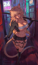 Rule 34 | alley, animal ears, bandeau, blonde hair, boots, breasts, cat ears, cat girl, cat tail, commission, cropped jacket, garter straps, highres, large breasts, long hair, muscular, muscular female, navel, neon lights, night, original, short shorts, shorts, slit pupils, strapless, tail, tezy8art, tube top, underboob, yellow eyes