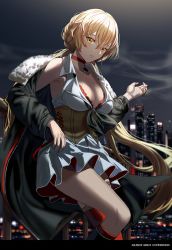 Rule 34 | 1girl, bad id, bad twitter id, bare shoulders, black coat, blonde hair, blush, boots, bra, braid, breasts, choker, cigarette, cleavage, closed mouth, coat, dress, floating hair, fur-trimmed coat, fur trim, girls&#039; frontline, highres, holding, holding cigarette, leaning, long hair, looking at viewer, night, off shoulder, ots-14 (girls&#039; frontline), outdoors, red bra, ribbon, silence girl, single thighhigh, skirt, smoke, solo, star (symbol), star choker, thighhighs, underwear, very long hair, wind, yellow eyes