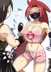 Rule 34 | 2girls, animal print, armpits, artist request, black mask, blush, boots, bow camisole, boyshort panties, breasts, brown hair, camisole, capcom, cat print, character name, cleavage, clenched hands, unworn clothes, day, defeat, delinquent, embarrassed, exploding clothes, eyelashes, female focus, fighting stance, gloves, groin, heart, heart print, highres, himezaki aoi, humiliation, justice gakuen, kazama akira, legs, long hair, looking at another, mask, matching underwear, medium breasts, midriff, moero! justice gakuen, mouth mask, multiple girls, name tag, navel, neck, outdoors, panties, parted bangs, pink camisole, pink panties, ponytail, print camisole, print panties, purple eyes, red hair, shiny clothes, shiny skin, short hair, sidelocks, spiked hair, sweatdrop, thighs, torn clothes, tsundere, underwear, underwear only, very long hair, wardrobe malfunction, wide-eyed