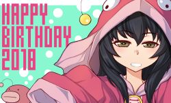 Rule 34 | 10s, 1girl, absurdres, anglerfish, black hair, brown eyes, commentary, dated, emblem, english text, fish, fish hood, girls und panzer, grin, hairband, happy birthday, highres, long hair, long sleeves, looking at viewer, pajamas, pink shirt, polka dot, reizei mako, shiroobi (whitebeltmaster), shirt, smile, solo, white hairband, wide sleeves