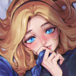 Rule 34 | 2girls, blonde hair, blue eyes, blue hair, blush, braid, close-up, hairband, highres, holding another&#039;s hair, jinx (league of legends), league of legends, long hair, looking at viewer, lux (league of legends), multiple girls, out of frame, parted lips, phantom ix row, portrait, yuri