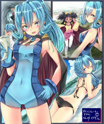 Rule 34 | 2girls, armpits, ass, bare arms, bare shoulders, big hair, bikini, blue eyes, blue hair, blush, breasts, butt crack, cape, clair (pokemon), comic, covered navel, creatures (company), dark-skinned female, dark skin, dragonite, earrings, game freak, gen 1 pokemon, gloves, gym leader, hand on own hip, high ponytail, iris (pokemon), jewelry, lance (pokemon), long hair, looking at viewer, looking back, multiple girls, nintendo, o-ring, o-ring bikini, one eye closed, open mouth, pokemon, pokemon (creature), pokemon bw, pokemon hgss, ponytail, purple hair, silent comic, swimsuit, two side up, water, wink, xe-cox