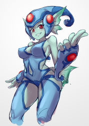 Rule 34 | 1girl, absurdres, artist request, blush, breasts, cleavage, clothing cutout, colored skin, digimon, digimon (creature), digimon frontier, fins, fish girl, green skin, helmet, highres, large breasts, looking at viewer, navel cutout, one-piece swimsuit, ranamon, red eyes, simple background, smile, swimsuit