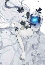 Rule 34 | 1girl, abyssal jellyfish princess, abyssal ship, blue eyes, bow, breasts, cleavage, colored skin, dress, fingernails, frilled dress, frills, glowing, hair bow, hat, kantai collection, large breasts, long hair, multicolored hair, nail polish, neko (ganecooo), one eye covered, pale skin, parted lips, sleeveless, sleeveless dress, solo, streaked hair, top hat, white background, white dress, white hair, white skin