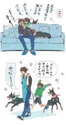 Rule 34 | 10s, 2boys, 2koma, akuno hideo, akuno hideo&#039;s brother, apron, arms up, black shirt, blue eyes, brothers, brown hair, comic, couch, doberman, dog, green hoodie, highres, hood, hoodie, idolmaster, idolmaster side-m, male focus, multiple boys, shirt, siblings, simple background, slippers, smile, striped clothes, striped shirt, translation request, white background