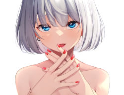 Rule 34 | 1girl, blue eyes, blush, collarbone, commentary request, earrings, grey hair, hands up, jewelry, looking at viewer, minato yu, nail polish, nude, original, own hands together, parted lips, red lips, red nails, short hair, simple background, smile, solo, upper body, white background