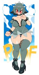 Rule 34 | 1girl, angry, black footwear, bracelet, breasts, cleavage, clenched hand, cloud, collarbone, gluteal fold, grey hair, grey thighhighs, high heels, highres, jewelry, large breasts, mario (series), nintendo, paperrose, personification, red eyes, short hair, skindentation, sky, solo, spiked bracelet, spikes, thick thighs, thighhighs, thighs, thwomp, thwompette, v-shaped eyebrows