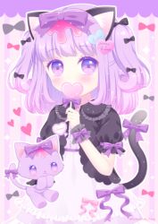 Rule 34 | 1girl, animal, animal ears, black bow, black shirt, blush, bow, candy, cat, cat ears, cat girl, cat tail, commentary request, covered mouth, dress, food, hair bow, hair ornament, heart, heart hair ornament, himetsuki luna, holding, holding candy, holding food, holding lollipop, lollipop, long hair, original, puffy short sleeves, puffy sleeves, purple bow, purple eyes, purple hair, shirt, short sleeves, solo, sparkle, striped, striped background, tail, tail bow, tail ornament, tail raised, twitter username, two side up, vertical stripes, white dress, wrist cuffs