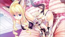 Rule 34 | 10s, 1girl, :p, animal ears, armor, ass, bad id, bad yandere id, bed, bertille althusser, black bra, black thighhighs, blonde hair, blue eyes, bra, breasts, cat ears, cat tail, cleavage, drill hair, end card, garter straps, greaves, heart, heart-shaped pupils, highres, jpeg artifacts, lace, lace-trimmed legwear, lace trim, long hair, mutsumi masato, solo, symbol-shaped pupils, tail, thighhighs, tongue, tongue out, twin drills, twintails, underwear, very long hair, walkure romanze