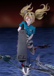 Rule 34 | 1girl, absurdres, aircraft, aircraft request, blonde hair, blue eyes, blue shirt, breast pocket, buttons, carrier, collared shirt, commentary, darkness, deck, gambier bay (kancolle), gloves, hair between eyes, hairband, highres, kantai collection, launching, multicolored clothes, multicolored gloves, ocean, pocket, red sky, shirt, short sleeves, shorts, sky, solo, souneko 123, standing, standing on one leg, tearing up, tears, twintails