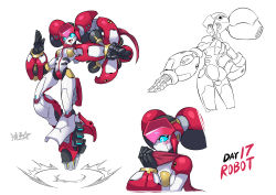 Rule 34 | 1girl, android, arm cannon, blue sclera, blush, boots, cannon, colored sclera, english text, glowing, glowing eyes, headgear, humanoid robot, joints, machine, machinery, mecha, mechanical arms, mechanical legs, mechanical parts, multiple views, original, robot, robot joints, ryuusei (mark ii), simple background, single mechanical arm, weapon, white background