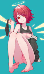 Rule 34 | 1girl, absurdres, areola slip, arknights, bad id, bad pixiv id, barefoot, black panties, blue background, blush, bottomless, breasts, clothes lift, exusiai (arknights), feet, halo, highres, holding, holding clothes, holding underwear, lan mao akko, looking at viewer, medium breasts, medium hair, panties, unworn panties, pussy, red eyes, red hair, see-through, shirt lift, simple background, sitting, smile, soles, solo, tank top, thighs, toes, uncensored, underboob, underwear