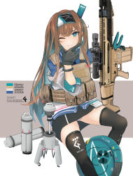 Rule 34 | 1girl, absurdres, aqua eyes, aqua gloves, aqua hair, assault rifle, black gloves, black necktie, black skirt, black thighhighs, blue shirt, bracelet, brown hair, character name, closed mouth, collared shirt, color guide, colored inner hair, commentary request, feet out of frame, fn scar, fn scar 17, gloves, grey background, gun, hair intakes, hair ornament, hand on own chin, hands up, highres, holding, holding gun, holding weapon, id card, jewelry, load bearing vest, long hair, looking at viewer, miniskirt, multicolored hair, necktie, one eye closed, one side up, original, panties, pantyshot, bulletproof vest, reraise, rifle, scope, shirt, sidelocks, simple background, skirt, smile, solo, stroking own chin, tactical clothes, thighhighs, two-tone background, two-tone gloves, two-tone hair, underwear, weapon, white background, white panties