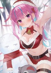 Rule 34 | 1girl, absurdres, armpits, bare arms, bell, belt, blue hair, blush, bow, bowtie, breasts, brown belt, christmas, cleavage, colored inner hair, commentary request, crop top, fur-trimmed skirt, fur trim, hair bow, hat, highres, hololive, large breasts, looking at viewer, minato aqua, multicolored hair, navel, neck bell, neko (minato aqua), outstretched arm, parted lips, purple eyes, purple hair, red bow, red bowtie, red scarf, red skirt, santa costume, santa hat, scarf, selfie, sitting, skirt, snowman, solo, stomach, thigh strap, toki (1243309499), two-tone hair, two side up, virtual youtuber