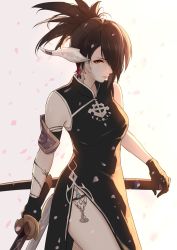 Rule 34 | 1girl, au ra, black dress, black gloves, breasts, brown eyes, brown hair, caidychen, closed mouth, cross, dress, earrings, final fantasy, final fantasy xiv, gloves, hair over one eye, highres, holding, holding sword, holding weapon, jewelry, katana, lips, medium breasts, petals, pink petals, short hair, sleeveless, sleeveless dress, solo, standing, sword, tattoo, thighs, weapon