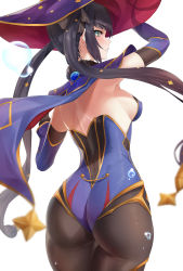 Rule 34 | 1girl, absurdres, artist request, ass, back, black hair, blush, bodysuit, bodysuit under clothes, breasts, cape, detached sleeves, from behind, genshin impact, gloves, green eyes, hat, highres, hotate-chan, huge ass, leotard, long hair, medium breasts, mona (genshin impact), pantyhose, parted lips, purple hat, shiny clothes, shiny skin, sideboob, simple background, solo, thighs, twintails, very long hair, white background