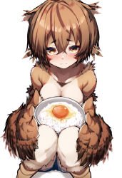 Rule 34 | 1girl, absurdres, breasts, brown eyes, brown feathers, brown hair, cleavage, collarbone, commentary request, egg, feathers, food, hair between eyes, harpy, highres, medium breasts, monster girl, original, rice, short hair, simple background, sitting, solo, tab head, white background, winged arms, wings