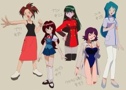 Rule 34 | 5girls, :d, black footwear, black shirt, boots, brown hair, buttons, character name, cissy (pokemon), clenched hand, closed mouth, coat, commentary request, creatures (company), flats, game freak, giselle (pokemon), green hair, grey footwear, half-closed eyes, hand on own hip, highres, jewelry, knhrpnkt, long hair, long sleeves, loose socks, multiple girls, necklace, nintendo, one-piece swimsuit, open clothes, open coat, open mouth, outstretched arm, pants, philena ivy, pleated skirt, pokemon, pokemon (anime), pokemon (classic anime), purple hair, sabrina (pokemon), shirt, shoes, short sleeves, skirt, sleeveless, sleeveless shirt, smile, socks, suzie (pokemon), swimsuit, thigh boots, twitter username, watermark, white footwear, white pants, white socks