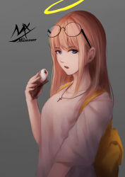 Rule 34 | 1girl, :o, artist name, backpack, bag, black-framed eyewear, blouse, blue eyes, cross, cross necklace, eyewear on head, food, glasses, grey background, halo, highres, holding, holding food, jewelry, long hair, looking at viewer, necklace, open mouth, original, pendant, pink hair, round eyewear, shimmer, shirt, short sleeves, sidelocks, simple background, solo, straight hair, teeth, upper body, upper teeth only, white shirt, wrapper