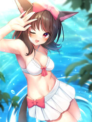 Rule 34 | 1girl, :d, amane (230075), animal ears, arm at side, arm up, armpits, bare arms, belly, bikini, bikini skirt, blurry, blurry foreground, blush, bow, bow bikini, breasts, brown hair, cleavage, commission, cowboy shot, criss-cross halter, day, eyelashes, facial mark, frilled bikini, frills, from above, hair bow, halterneck, head tilt, large bow, leaf, light rays, looking at viewer, looking up, medium breasts, medium hair, multicolored hair, navel, one eye closed, open mouth, original, outdoors, partially submerged, pink bow, plant, pleated skirt, red bow, red eyes, red hair, ripples, skeb commission, skirt, smile, solo, sparkle, standing, streaked hair, sunlight, swept bangs, swimsuit, tail, wading, waist bow, water, water drop, white bikini, white skirt