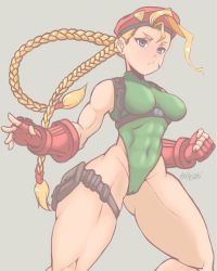 Rule 34 | 1girl, abs, asdfcobi, bare shoulders, blonde hair, blue eyes, braid, breasts, cameltoe, cammy white, cleft of venus, closed mouth, covered navel, cowboy shot, fingerless gloves, gloves, green leotard, grey background, hat, highres, leotard, long hair, looking at viewer, medium breasts, red gloves, simple background, skin tight, solo, street fighter, thighlet, twin braids