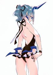 Rule 34 | 1girl, ass, bad id, bad twitter id, blue eyes, blue hair, eyepatch, horns, long hair, looking at viewer, nintendo, one-piece swimsuit, shiomi (lowrise), simple background, single horn, solo, swimsuit, theory (xenoblade), white background, xenoblade chronicles (series), xenoblade chronicles 2, xenoblade chronicles (series), xenoblade chronicles 2
