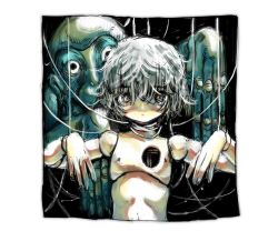 Rule 34 | 1other, border, closed mouth, doll joints, grey hair, hair over eyes, hands up, highres, hole in chest, hole on body, joints, looking at viewer, monster, original, puppet, puppet strings, shaded face, shima (wansyon144), short hair, solo, white border, yellow eyes
