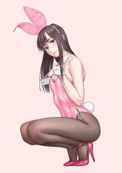 Rule 34 | 1girl, animal ears, black eyes, black hair, black pantyhose, breasts, detached collar, fake animal ears, full body, grey background, hands on own chest, high heels, highres, legs, leotard, long hair, original, pantyhose, pink footwear, pink leotard, playboy bunny, rabbit ears, rabbit tail, side-tie leotard, simple background, small breasts, solo, strappy heels, tail, toe cleavage, wrist cuffs, yuuji (and)