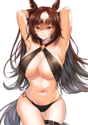 Rule 34 | 1girl, absurdres, animal ears, armpits, arms up, bikini, black bikini, breasts, brown hair, cleavage, commentary request, cowboy shot, ear ornament, hair between eyes, highres, horse ears, horse girl, horse tail, large breasts, long hair, multicolored hair, navel, simple background, sirius symboli (umamusume), smile, solo, streaked hair, swimsuit, tail, thigh strap, tomoru (tomanvil 3), umamusume, very long hair, wet, wet clothes, wet swimsuit, white background, white hair