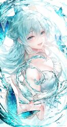 Rule 34 | 1girl, a maru, blue eyes, blue hair, bow, breasts, bug, butterfly, cleavage, dress, frilled dress, frills, hair bow, highres, insect, long hair, looking at viewer, medium breasts, original, sleeveless, sleeveless dress, smile, solo, water, white dress