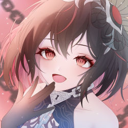 Rule 34 | 1girl, bare shoulders, black gloves, black hair, chain, closed mouth, finger to mouth, gloves, hair between eyes, hair ornament, highres, honkai (series), honkai impact 3rd, lock, looking at viewer, medium hair, multicolored hair, nalukikiki, open mouth, red eyes, red hair, seele (alter ego), seele vollerei, sleeveless, smile, solo, twitter username