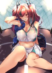 Rule 34 | 1girl, azur lane, bare shoulders, blush, breasts, bremerton (azur lane), bremerton (scorching-hot training) (azur lane), chain-link fence, cleavage, collarbone, endou (zettai bluenoid), fence, hair between eyes, hair ornament, hairclip, head tilt, heart, highres, jewelry, large breasts, long hair, looking at viewer, midriff, mole, mole under eye, multicolored hair, navel, necklace, open mouth, parted lips, pink eyes, pink hair, see-through, shadow, shirt, sidelocks, sitting, skirt, sleeveless, sportswear, streaked hair, sweat, tennis uniform, towel, twintails, two-tone skirt, x hair ornament