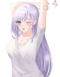 Rule 34 | 1girl, alternate costume, arms behind head, arms up, blush, breasts, cleavage, eiundmarmalade, green eyes, highres, hololive, hololive indonesia, large breasts, long hair, looking at viewer, one eye closed, open mouth, pavolia reine, purple hair, shirt, short sleeves, simple background, solo, upper body, virtual youtuber, white background, white shirt