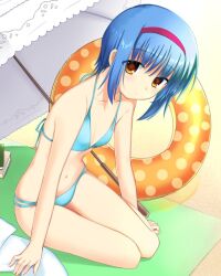 Rule 34 | 1girl, arm support, arms at sides, bare arms, beach, bikini, blanket, blue bikini, blue hair, breasts, closed mouth, collarbone, commentary request, commission, day, expressionless, eyes visible through hair, hair between eyes, hairband, leaning forward, light blush, little busters!, looking at viewer, medium hair, navel, nishizono mio, orange innertube, otou (otou san), outdoors, polka dot innertube, red hairband, sitting, small breasts, solo, swimsuit, umbrella, variant set, yellow eyes, yokozuwari