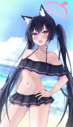 Rule 34 | 1girl, animal ear fluff, animal ears, arm at side, bare shoulders, beach, bikini, bikini skirt, black hair, black skirt, blue archive, blue ribbon, blue sky, blurry, blurry background, blush, cat ears, cloud, collarbone, contrapposto, cowboy shot, day, extra ears, fang, frilled bikini, frills, gluteal fold, hair ribbon, halo, halterneck, hand on own hip, highres, long hair, looking at viewer, miniskirt, navel, ocean, off-shoulder bikini, off shoulder, official alternate costume, open mouth, outdoors, pleated skirt, red eyes, reneua, ribbon, serika (blue archive), serika (swimsuit) (blue archive), sidelocks, skirt, sky, solo, stomach, swimsuit, thighs, twintails, very long hair