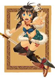 Rule 34 | 1girl, antenna hair, bandeau, black hair, black thighhighs, blue eyes, breasts, cleavage, facial mark, feather hair ornament, feathers, front-tie top, fur trim, hair ornament, jewelry, looking at viewer, momoiro taisen pairon, nakahara (fukufuku), navel, necklace, open mouth, original, polearm, shiny skin, short hair, sidelocks, skirt, solo, spear, tattoo, thighhighs, toeless legwear, toes, tribal, v, weapon