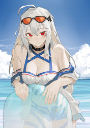 Rule 34 | 1girl, absurdres, ahoge, arknights, bare shoulders, belt, blue shorts, breasts, choker, cleavage, closed mouth, cloud, cowboy shot, eyewear on head, highres, horizon, inflatable toy, large breasts, long hair, looking at viewer, outdoors, red eyes, renxzd, shorts, skadi (arknights), skadi (waverider) (arknights), smile, solo, sunglasses, swimsuit, water, wet, white hair