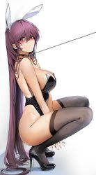 Rule 34 | 1girl, animal ears, bare shoulders, black collar, black footwear, black leotard, black thighhighs, blush, breasts, collar, commentary, damda, fake animal ears, fate/grand order, fate (series), from side, full body, high heels, highleg, highleg leotard, large breasts, leash, leotard, looking at viewer, looking to the side, nail polish, playboy bunny, purple hair, purple nails, rabbit ears, red eyes, scathach (fate), simple background, solo, squatting, symbol-only commentary, thighhighs, thighs, white background