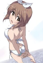 Rule 34 | 1girl, absurdres, arms behind back, ass, back, bare shoulders, barefoot, bikini, blue scrunchie, blush, bob cut, breasts, brown eyes, brown hair, dated, dutch angle, from above, from behind, hagiwara yukiho, hairband, happy birthday, heart, highres, idolmaster, idolmaster (classic), idolmaster million live!, idolmaster million live! theater days, interlocked fingers, looking at viewer, looking back, looking up, medium breasts, multiple bracelets, open mouth, own hands together, scrunchie, short hair, side-tie bikini bottom, smile, solo, swimsuit, tokiani, water drop, wet, white background, white bikini, white hairband, wrist scrunchie
