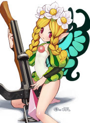 Rule 34 | 00s, 1girl, 2007, arched back, bare legs, barefoot, blonde hair, bow (weapon), braid, crossbow, dated, fairy, female focus, flat chest, flower, hair flower, hair ornament, kei jiei, kneeling, long hair, looking at viewer, mercedes (odin sphere), odin sphere, on one knee, parted lips, pointy ears, puff and slash sleeves, puffy sleeves, red eyes, shadow, simple background, solo, twin braids, vanillaware, weapon, white background, wings