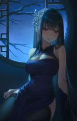 Rule 34 | 1girl, arm support, bare arms, bare shoulders, black hair, black thighhighs, blue dress, blue eyes, blush, breasts, butterfly hair ornament, china dress, chinese clothes, cleavage, cleavage cutout, closed mouth, clothing cutout, cowboy shot, dark room, dress, gold trim, hair intakes, hair ornament, highres, large breasts, leaning to the side, long hair, looking at viewer, mohaka (m 0haka), narrowed eyes, night, night sky, original, pelvic curtain, side slit, sidelocks, sitting, sky, sleeveless, sleeveless dress, smile, solo, star (sky), starry sky, straight hair, thighhighs, thighs, tree, tsurime, very long hair, window, yokozuwari