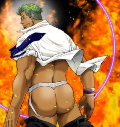 Rule 34 | 1boy, ass, ass cutout, bara, butt crack, clothing cutout, from behind, green hair, jockstrap, looking at viewer, male focus, male underwear, muscular, piercing, smile, solo, tagme, underwear