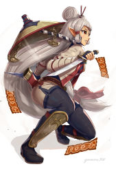 Rule 34 | 1girl, breasts, brown eyes, dual wielding, facial mark, forehead mark, gonzarez, hair ornament, hair stick, hat on back, highres, holding, holding sword, holding weapon, hyrule warriors: age of calamity, impa, long hair, low-tied long hair, nintendo, paper, pointy ears, shadow, sheikah, shin guards, simple background, solo, squatting, sword, the legend of zelda, the legend of zelda: breath of the wild, very long hair, weapon, white background, white hair