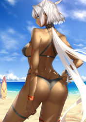Rule 34 | 1girl, absurdres, adjusting clothes, adjusting swimsuit, animal ears, ass, back, beach, bikini, bikini pull, black bikini, blue eyes, blue sky, body markings, breasts, butt crack, caenis (fate), caenis (swimsuit rider) (first ascension) (fate), closed mouth, clothes pull, cloud, cloudy sky, covered erect nipples, cowboy shot, dark-skinned female, dark skin, day, fate/grand order, fate (series), from behind, hair intakes, highres, kyoken, large breasts, light smile, long hair, looking at viewer, looking back, ocean, outdoors, ponytail, ponytail holder, sand, sideboob, sidelocks, sky, solo, surfboard, swimsuit, thigh strap, thighs, twitter username, very long hair, water, white hair, wristband